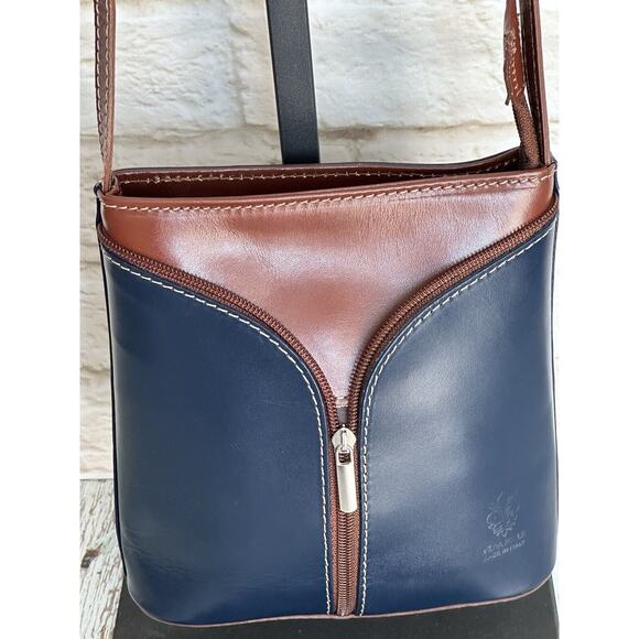 Vera Pelle Italian Leather Handbag Crossbody Blue With Brown Silvertone - Picture 10 of 16